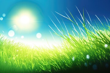 Fototapeta na wymiar sunlit field with green grass and blue sky Generative AI