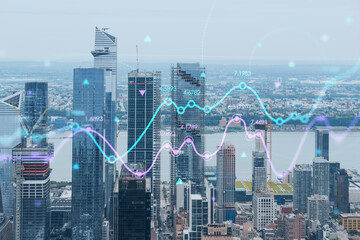 Fototapeta na wymiar Aerial panoramic city view of West Side Manhattan and Hudson Yards district at day time, NYC, USA. Forex candlestick graph hologram. The concept of internet trading, brokerage, analysis
