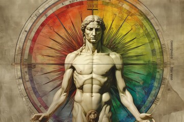 Vitruvian Man. The Modern Transformation. Da Vinci's Vitruvian Man. Leonardo da Vinci. Italian Renaissance. Structure geometry anatomy model of human perfection, the body.