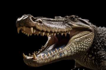 Image of a crocodile is opening its mouth on black background. Wildlife Animals. illustration. Generative AI.