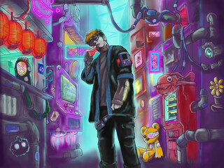 a man in a cyberpunk era with cities and alleys filled with cyborgs and colorful lights.
