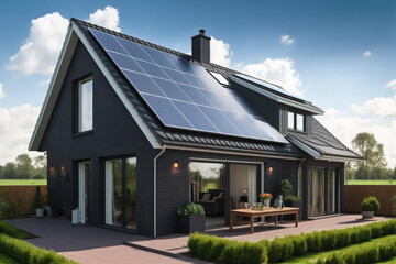 newly constructed homes with solar panels on the roof under a bright sky A close up of a brand new structure with dark solar panels. Zonneenergie, Zonnepanelen, Translation Sun Energy, generative AI
