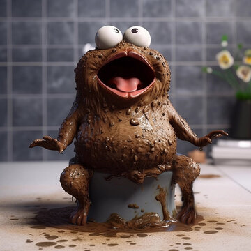 Poop Animation Style Seated Upon a Toilet Having a Bowel Movement Generative AI