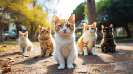 a group of  cute cat in park Generative AI