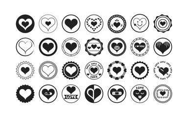 Black silhouette and isolated cute pointy heart shape symbols circle assorted emblem stamps icons set design elements on white background