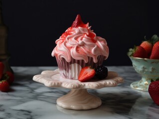 Pink Frosted Cupcakes with a Strawberry on Top. Generative AI
