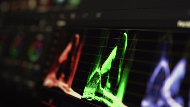 RGB color correction graphic bar on monitor in post-production process. Color grading indicator graph on screen. Video or film production processing in telecine stage.