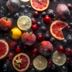 Fresh Fruits with Ice From Top View. Generative AI