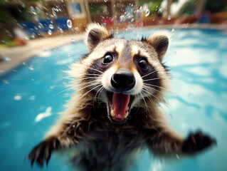 Excited raccoon in pool swimming and playing in the water - Generative AI - obrazy, fototapety, plakaty