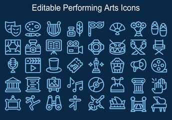 Performance line icon set. Included the icons as mask, mime, stage, concert and more. Theatre icon collection. Duotone color. Vector illustration. Containing spotlight, queue, stage, sound system.