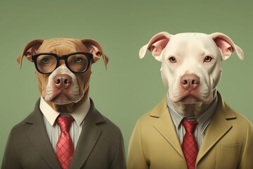 Two dogs dressed as businessmen, portrait photography, solid green background. 