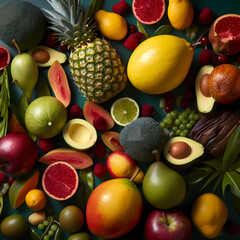 Fresh Tropical Fruits From Top View. Generative AI
