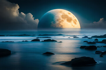 Fototapeta na wymiar Moonlight in ocean landscape. Bright full moon over the sea