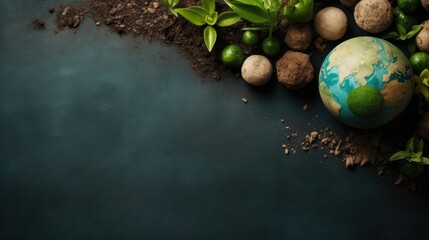 Earth Day for sale banner background with plants, plant seeds and miniature earth