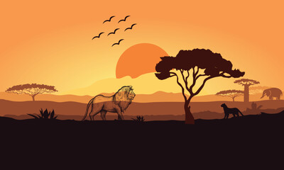 Fototapeta na wymiar World Wildlife Day. Vector illustration of Africa landscape with wildlife and sunset background