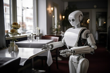 Humanoid futuristic cyborg robot waiter working in cafe restaurant desk on service. Concept of high-tech home or restaurant assistant worker, future technology. Generative AI