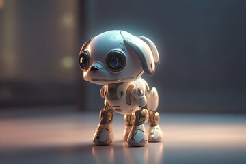 Fototapeta premium Technological robotic puppy gadget standing on the floor of the flat. White happy little dog robot pet. Futuristic pet assistant powered by artificial intelligence. Innovation high tech. Generative AI