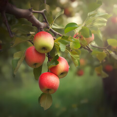 Four Fresh Apple On The Apple Tree. Generative AI