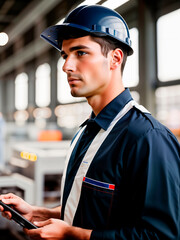 Obraz premium Portrait of a worker on industrial background. Generative AI