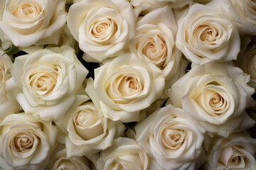Fototapeta na wymiar Allover texture of white roses. Beautiful background of flower heads.