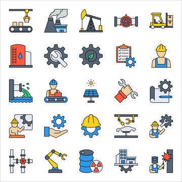 Factory, Manufacturing And Industry Icons, Vector Illustration On White Background