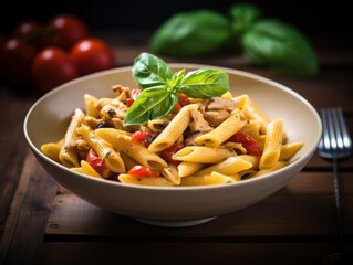 Penne pasta in tomato sauce with chicken in a bowl. Generative AI