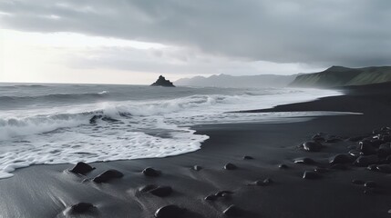 See of dark sand shoreline, sea waves. Creative resource, AI Generated