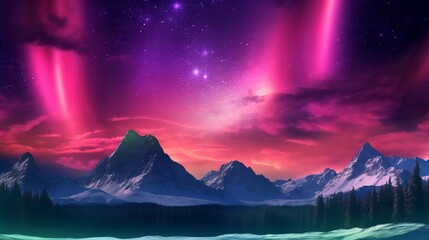 Unpleasant Mountains with Aurora Borealis. Fuchsia Sky Establishment with copyspace. Creative resource, AI Generated - obrazy, fototapety, plakaty
