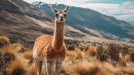 Guanaco in nature, lovely photo. Creative resource, AI Generated