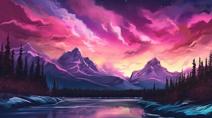 Disturbing Mountains with Aurora Borealis. Fuchsia Sky Establishment with copyspace. Creative resource, AI Generated