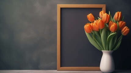 A bouquet of orange tulips in a vase. Chart with a development spot cheerful Mother's Day. Creative resource, AI Generated
