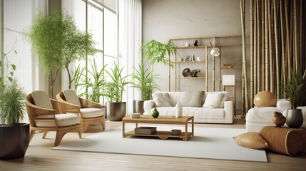 Zen insides parts parts with pruned bamboo plant, common interior parts organize concept, colored progressed living room, pastel colors, respect organize. Creative resource, AI Generated