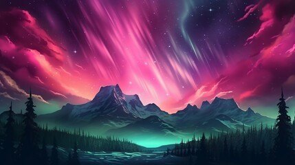 Bothered Mountains with Aurora Borealis. Fuchsia Sky Establishment with copyspace. Creative resource, AI Generated - obrazy, fototapety, plakaty
