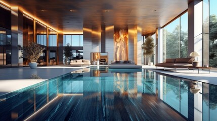 Organize picture of cutting edge organize living room and pool. Creative resource, AI Generated - obrazy, fototapety, plakaty