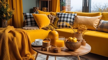 The in arrange boho compostion at living room interior parts parts with organize gray discharge chair, wooden coffee table, commode and brilliant individual extra things. AI Generated