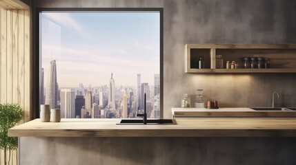 Progressed wood and concrete kitchen inward parts parts with cleanse chafed put on divider, island, machines and window with city see and daylight. Creative resource, AI Generated