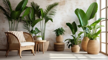 Unmistakable tropical plants in wicker pots near white divider at family. Creative resource, AI Generated