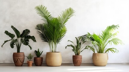 Unmistakable tropical plants in wicker pots near white divider at family. Creative resource, AI Generated