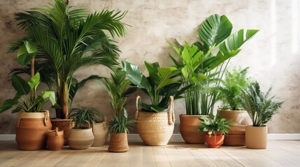 Unmistakable tropical plants in wicker pots near white divider at family. Creative resource, AI Generated
