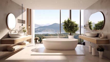Fototapeta premium Beat see of light washroom interior parts with shower, sink and all checking window. Creative resource, AI Generated
