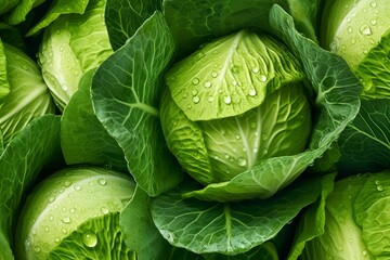 Fresh green cabbage with drops of dew. Cabbage background. Ai generated. - obrazy, fototapety, plakaty