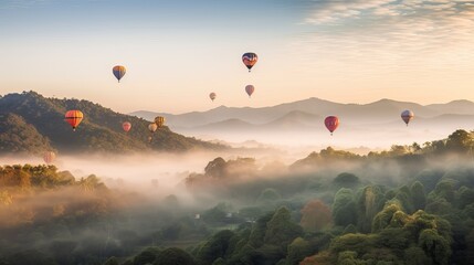 Colorful hot air balloons flying over mountain at Dot Inthanon in Chiang Mai, Thailand. generative ai