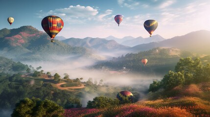 Colorful hot air balloons flying over mountain at Dot Inthanon in Chiang Mai, Thailand. generative ai