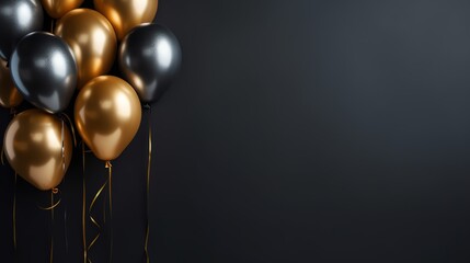 An image of gold ballons illustration on black background presentation template. Ai generative