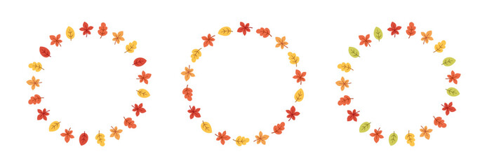 Autumn leaves round frame set. Wreath of fall elements, Halloween, Thanksgiving border template. Vector illustration.