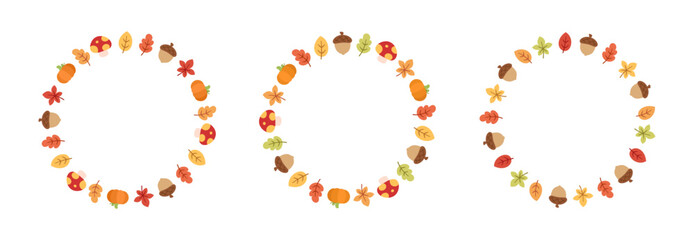 Autumn leaves round frame set. Wreath of fall elements, Halloween, Thanksgiving border template. Vector illustration.