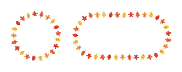 Autumn leaves round frame set. Wreath of fall elements, Halloween, Thanksgiving border template. Vector illustration.