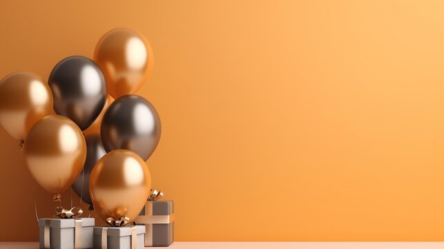 An image of gold ballons illustration on gold background presentation template. Ai generative