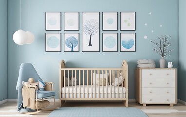 Blue nursery with armchair and crib with nine pictures on the wall created with Generative AI technology - obrazy, fototapety, plakaty