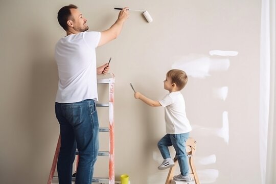Son and father are painting wall together created with Generative AI technology. Father's day. Labour day